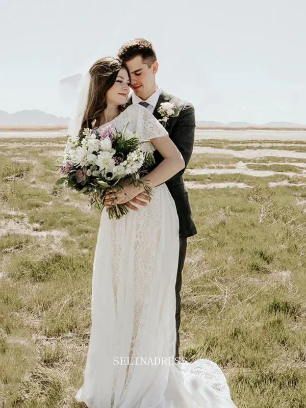 A Line Beach Lace Wedding Dresse Custom Wedding Dress With Sleeve GRDK005