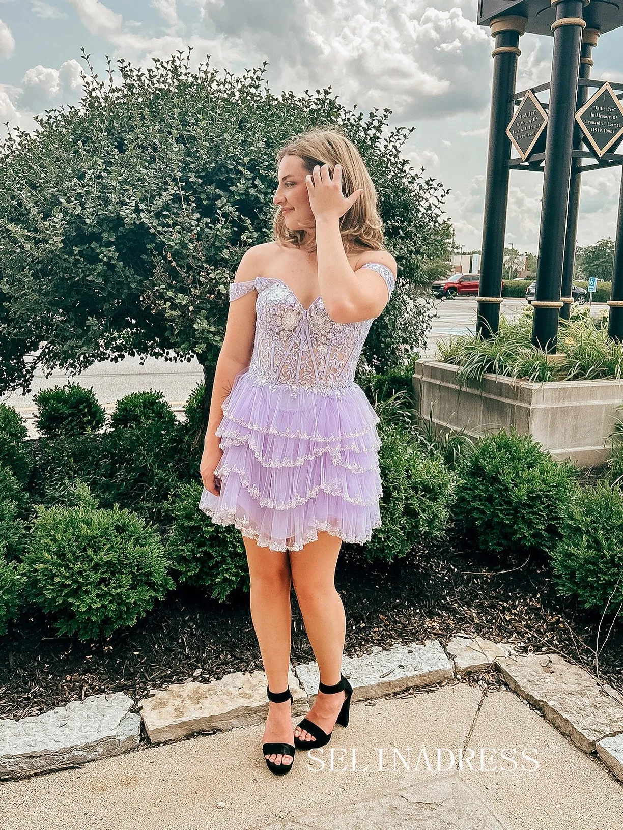 A-line Off-the-shoulder Short Prom Dress Lilac Homecoming Dresses #TKL2316