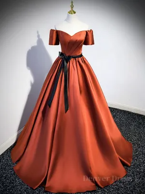A-Line Satin Orange Long Prom Dresses Orange Formal Evening Dresses