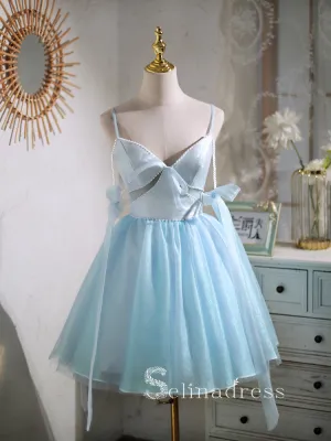 A-line Spaghetti Straps Blue Cute Short Homecoming Dress Summer Outfits THL007