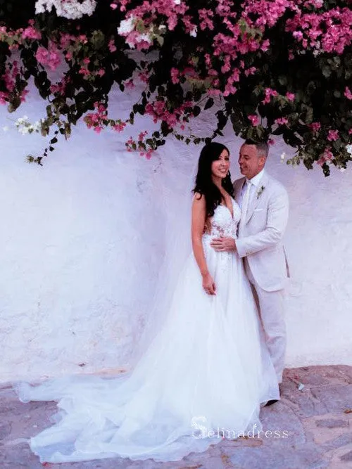 A-line V neck See Through White Wedding Dresses Applique Rustic Bridal Gowns MHL2860
