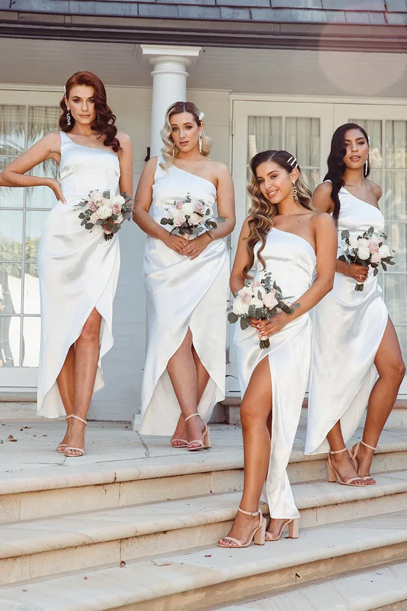 Asymmetrical One Shoulder White Bridesmaid Dress SEV004