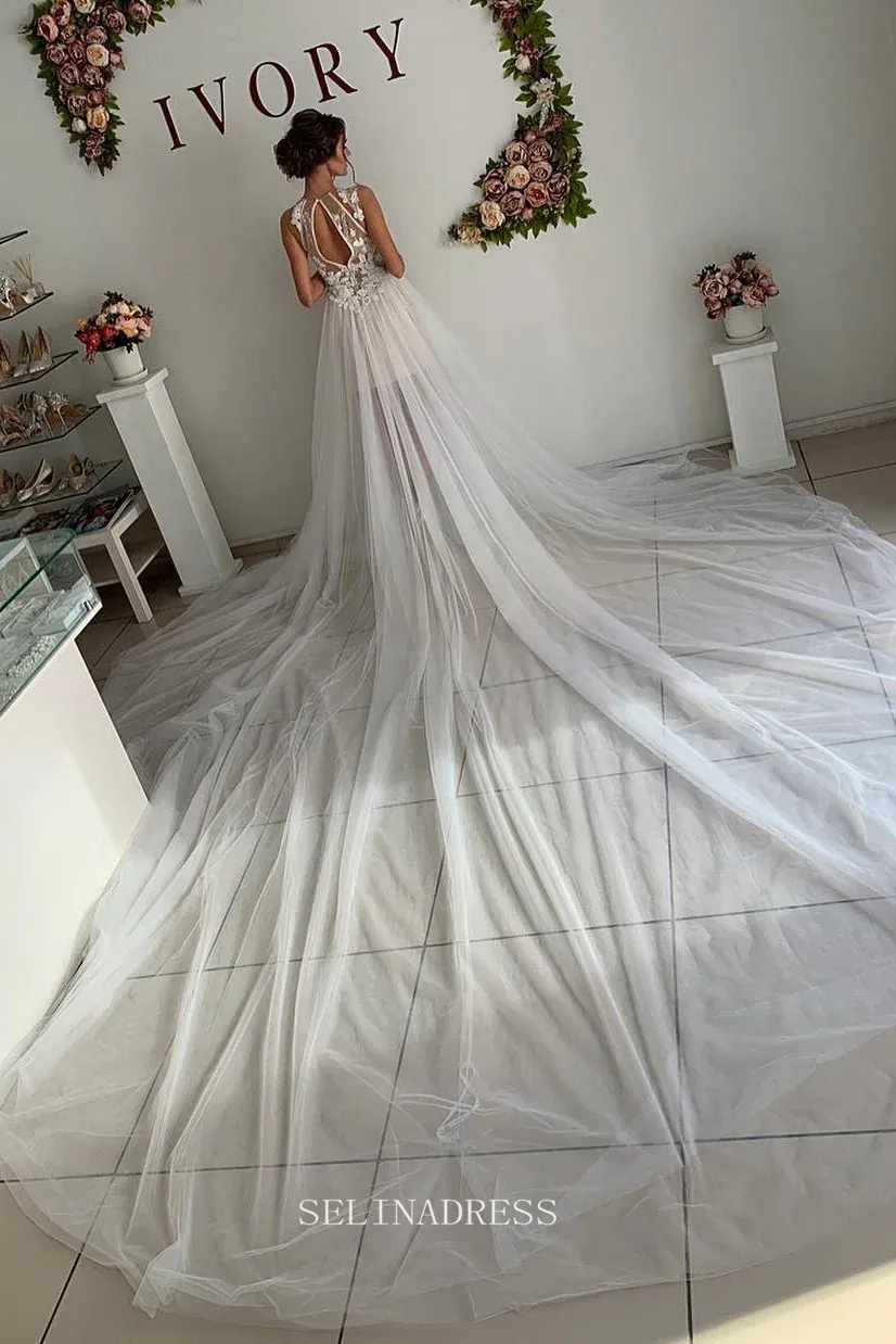 Cathedral Train A-line Wedding Dresses Rustic Tulle Wedding Dress KPY065
