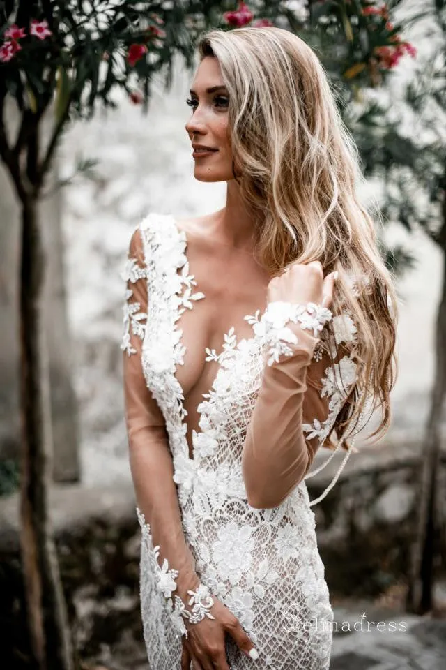 Mermaid Backless Long Sleeves Special Lace Floral Appliqued Illusion Wedding Dress SDL018