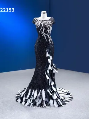 Mermaid Short Sleeve Black Prom Dress Feather Sequins Pageant Dress RSM222153