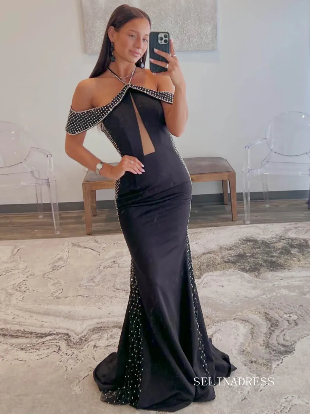 Off the Shoulder Halter Beaded Mermaid Black Prom Dress lpk573